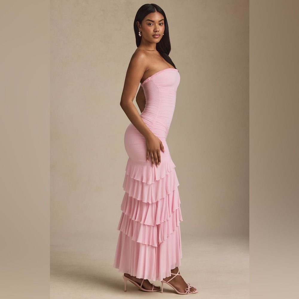Oh Polly Hayami Bandeau Ruched Ruffle-Trim Maxi Dress in Blush - Size 2 - Picture 7 of 16